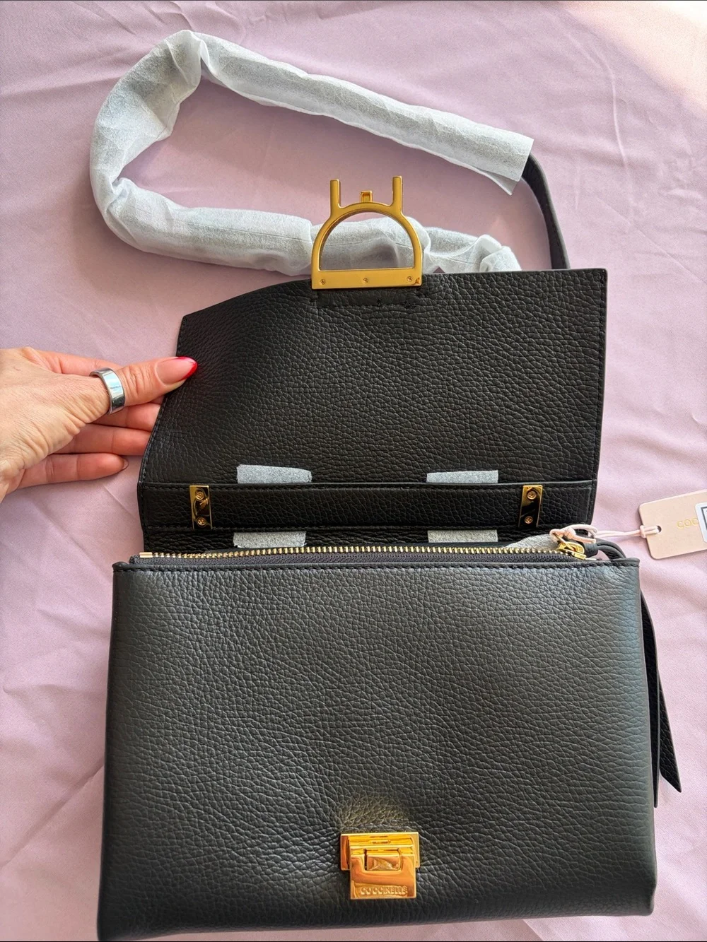 Coccinelle Black Pebble Leather Crossbody Bag with Gold Buckle - Picture 6 of 13